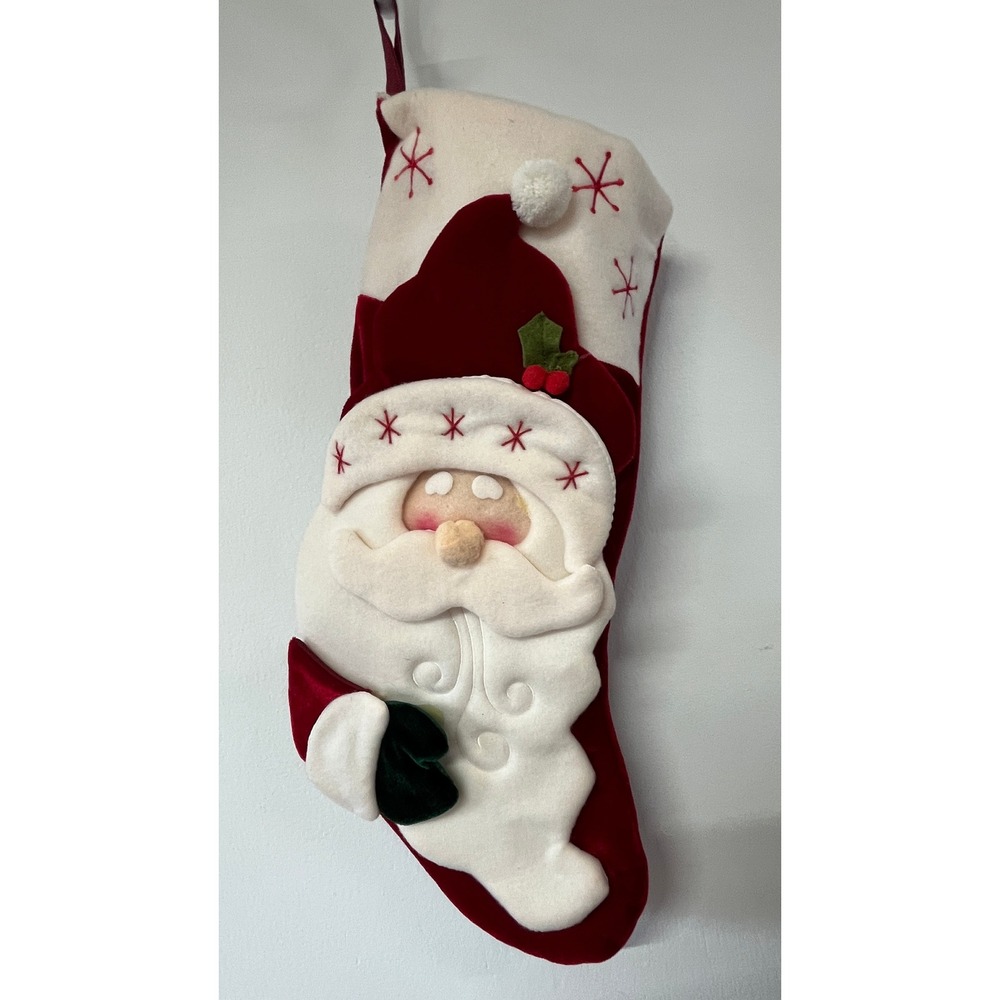 Santa Claus Velvet Christmas Stocking Red White 18" Holiday Decor Vintage-Style